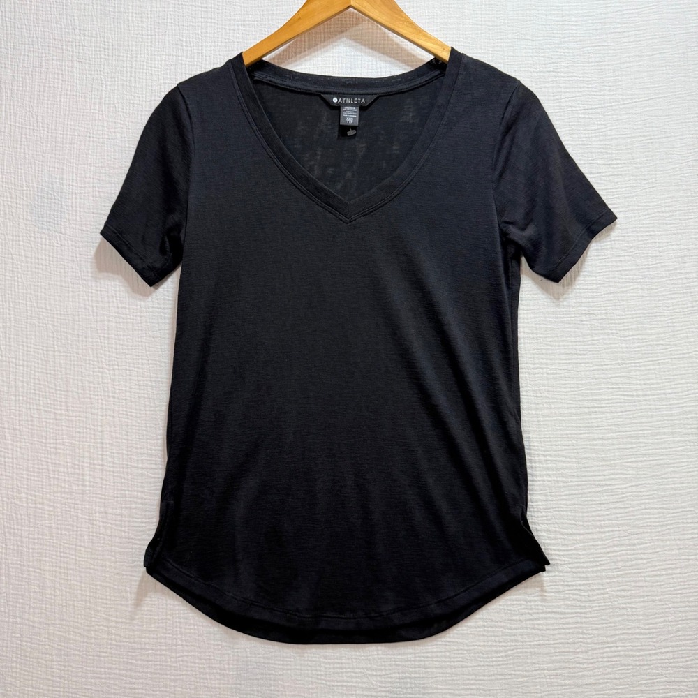 Athleta‎ V-Neck T-Shirt Womens XXS Black Short Sleeve Slub Curved Hem Casual